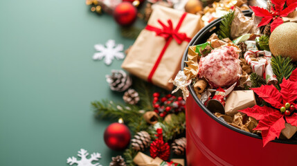 Christmas waste concept. Overflowing holiday garbage can with rotting food and festive decorations