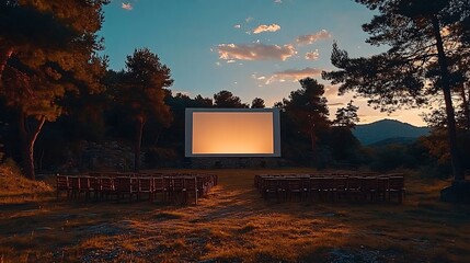 Giant white cinema screen in an outdoor amphitheater surrounded by a quiet forest waiting for an outdoor movie night to begin under the stars