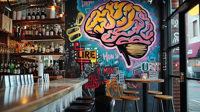 Trendy bar with a vibrant brain mural on the blackboard, hinting at creativity and social interaction. The empty bar exudes tranquility before the evening rush
