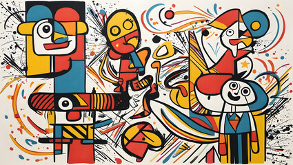 A colorful artwork with graphic elements and abstract characters that emphasizes the nature of the artwork and its raw emotion.