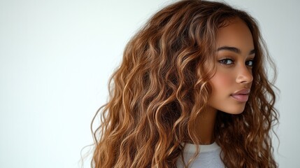 Naklejka premium A portrait of a young woman with wavy hair, showcasing beauty and confidence.