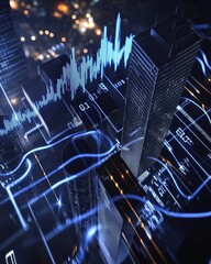 Dynamic abstract corporate skyline visualization urban landscape digital art night scene aerial perspective