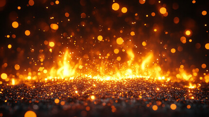 Fototapeta premium Sparks and embers soar against a black sky, illuminating the darkness with dynamic energy. The dazzling light evokes themes of chaos, transformation, and fleeting beauty in the night