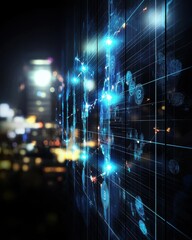 Fototapeta premium Dynamic digital data visualization urban cityscape abstract graphic art night environment high-tech concept