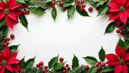 Christmas Arrangement. Red Poinsettias, Green Leaves, and Berries Frame.Christmas card design, festive decor, holiday frame, seasonal greeting, celebration invitation, marketing material.