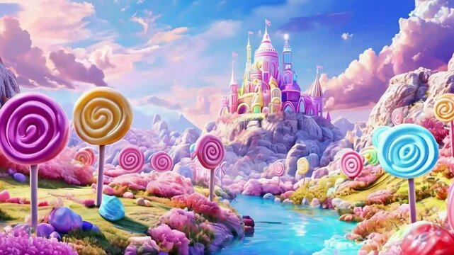 Whimsical candy castle landscape with lollipops, river, and colorful rocks.