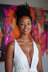 Fototapeta premium A radiant black woman smiles warmly, dressed in a stylish white outfit, with bold, colorful abstract artwork in the background. Her natural beauty and elegant pose exude confidence and charm.