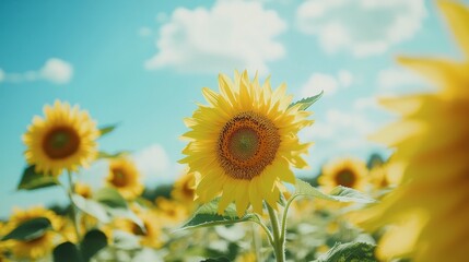 Obraz premium Sun-Kissed Field: A vibrant field of sunflowers stretches towards a clear, blue sky, creating a breathtaking scene that evokes warmth, happiness, and the beauty of nature. 