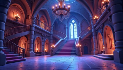 Obraz premium Large Elegant Hall with Staircase and Gothic Window.Royal mansion interior, event space, wedding, luxury venue, promotional materials, invitation design, ceremony decoration, corporate events.Luxury