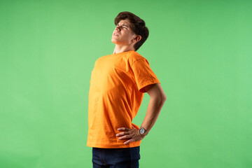 Young person expressing various emotions and body pains, pointing, using a cellphone, with colored...