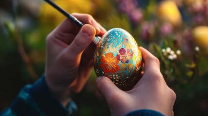 Easter Egg Decorating: Close-up of hands meticulously painting a colorful Easter egg with delicate brushstrokes, capturing the artistry and joy of this springtime tradition.