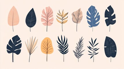 Obraz premium 27.Collection of abstract tropical palm leaf designs in a refined, linear style; the set includes various leaf shapes drawn with simple, graceful lines and minimalistic detailing, ideal for patterns,