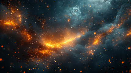 Fototapeta premium Sparks and embers soar against a black sky, illuminating the darkness with dynamic energy. The dazzling light evokes themes of chaos, transformation, and fleeting beauty in the night