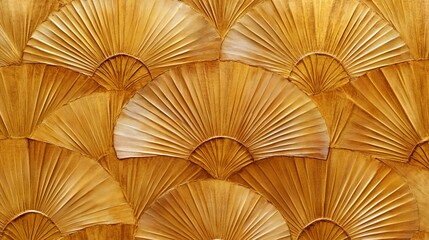 18.Luxurious art deco pattern with golden fan shapes arranged in a seamless design; the fine, metallic lines add depth and intricacy to the fan motifs, creating a classic, repeatable background with