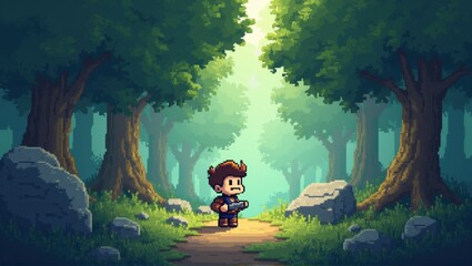 Fototapeta premium A pixel art scene of a brave adventurer holding an axe, standing in a dense forest clearing surrounded by tall trees, vibrant greenery, and soft light. Generative, AI,