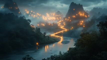 Fototapeta premium Luminous Path Through Misty Mountain Valley