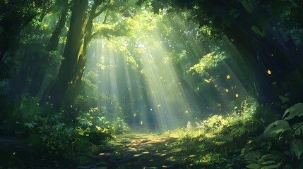 Fototapeta premium Sunbeams break through the lush green canopy of a forest, illuminating the leaves and creating a magical, tranquil moment in nature’s embrace 