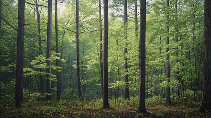 Obraz premium The forest is bathed in the warm glow of morning light as it filters through tall trees, illuminating the rich green foliage and creating a calm and inviting scene 