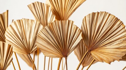 97.A cluster of dried, fan-shaped palm leaves against a white backdrop, with detailed textures and fine lines visible on each leaf. The leavesâ€™ warm brown tones contrast gently with the bright