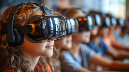 Group of children using VR headsets and digital tools in a modern classroom guided by their teacher in an immersive technologyrich learning environment