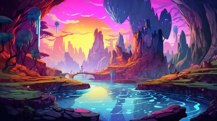 Vibrant Fantasy Landscape With River And Bridge