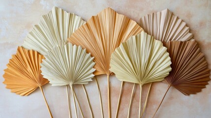 71.A collection of dried palm leaves arranged in a fan shape, with each leaf displaying unique textures and natural folds. The leaves vary in shades from light beige to deep brown, with fine lines