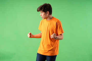 Young person expressing various emotions and body pains, pointing, using a cellphone, with colored...