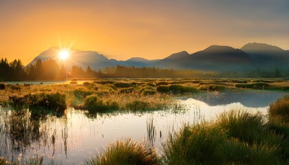 Sunrise over a serene wetland with mountain backdrop. World Wetlands Day
