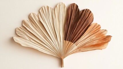 68.Fan-shaped display of dried palm leaves in shades of brown and beige, arranged to highlight their organic patterns and textures; each leaf has visible folds and natural imperfections, creating an