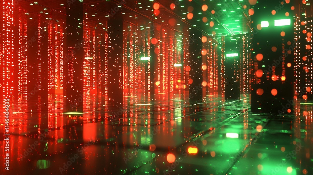 Aufkleber Red and green illuminated server room with data streams.