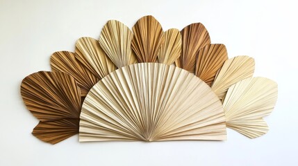 67.Dried palm leaves laid out in a fan-shaped arrangement, with a gradient of soft browns and beiges; the leavesâ€™ textures are emphasized, highlighting the natural lines and subtle curves,