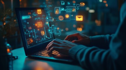 Night Coder:  A programmer's hands skillfully navigate a laptop keyboard, surrounded by a futuristic digital glow of data streams and icons.  The image evokes a sense of late-night coding.