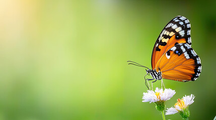 Naklejka premium Butterfly on flower with blurred green background