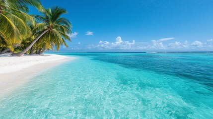 Naklejka premium Idyllic Tropical Beach Paradise with Palm Trees and Azure Water