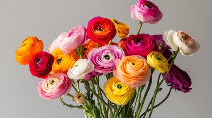 A bouquet of mixed ranunculus flowers in vibrant colors arranged against a clean grey backdrop, side view shot, Minimalist style