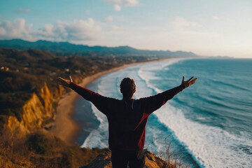 Embrace the boundless beauty of the coastal landscape as a man stands atop a cliff with open arms, reveling in the breathtaking ocean view and the freedom of exploration.