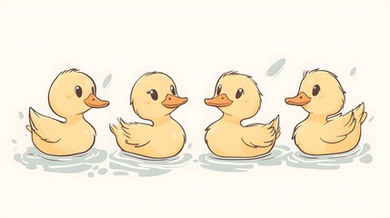 Four Cute Yellow Ducklings Swimming Happily Together