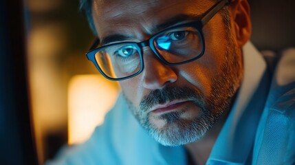Focused Gaze: A man with glasses intensely stares at the screen in a dimly lit room. The blue light casts a dramatic glow on his face, highlighting his serious expression.