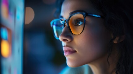 Night Vision: A young woman with amber glasses gazes intently into the glowing screen, her expression a blend of curiosity and focus. The cool blue light casts a dramatic glow on her face.