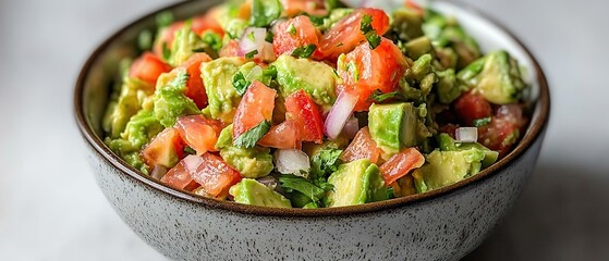 A bowl of fresh guacamole mixed with diced tomatoes and onions, ready for serving.