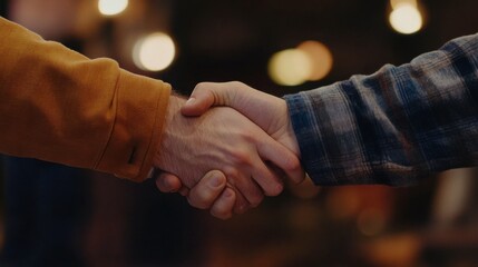 Partnership Handshake: A close-up shot of two hands clasped in a handshake, symbolizing trust, collaboration, and the beginning of a successful partnership.