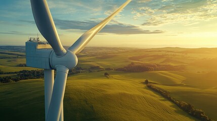 Fototapeta premium Wind Turbine Sunset: A majestic wind turbine stands tall against a breathtaking sunset, its blades catching the golden light as it generates clean energy in a vast, rolling landscape. 