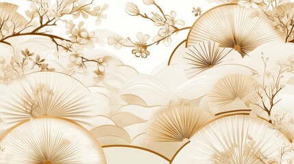 38.Refined seamless pattern of Japanese art motifs with a white and golden color scheme, featuring fans, floral elements, and geometric shapes; the arrangement is delicately balanced, creating a