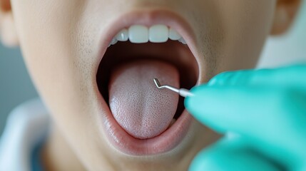 A child having a dental examination with a tool inspecting the tongue.