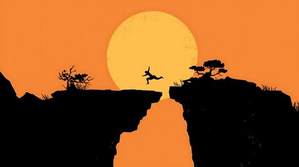 Naklejka premium Silhouette of a Man Leaping Between Cliffs at Sunset