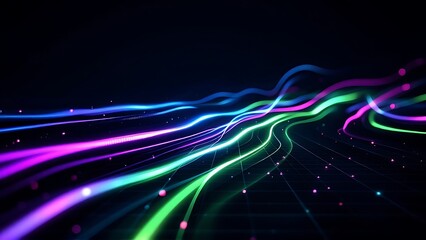 Obraz premium Dynamic flowing lines representing data movement, visualizing the flow of information, digital transformation, and real-time data processing in a modern, high-tech environment.