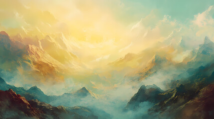 Fototapeta premium A misty veil shrouding the peaks and valleys at dawn, valley, atmospheric effect. Veil. Illustration