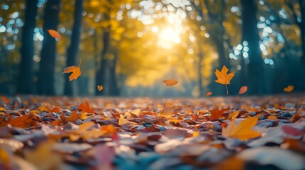 Autumn Leaves Falling in a Forest Scene