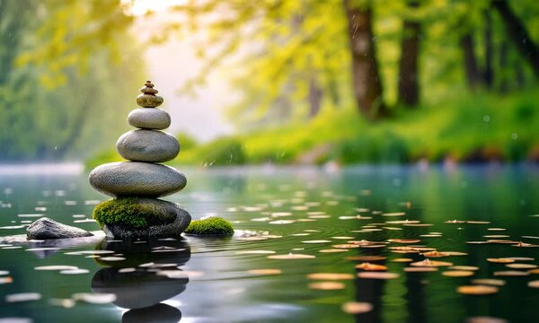 Zen stones in water with misty forest background