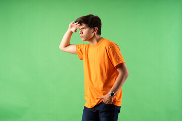 Young person expressing various emotions and body pains, pointing, using a cellphone, with colored...